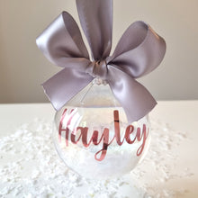 Load image into Gallery viewer, Glass Bauble with name sticker and bow
